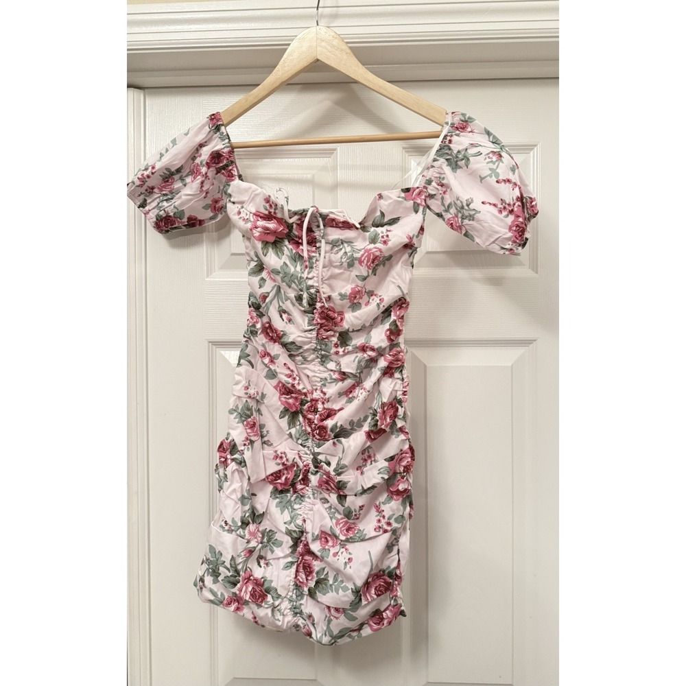 Hello Molly Mini Dress Womens XS Pink Floral Ruched Puff Sleeve HMC539 New